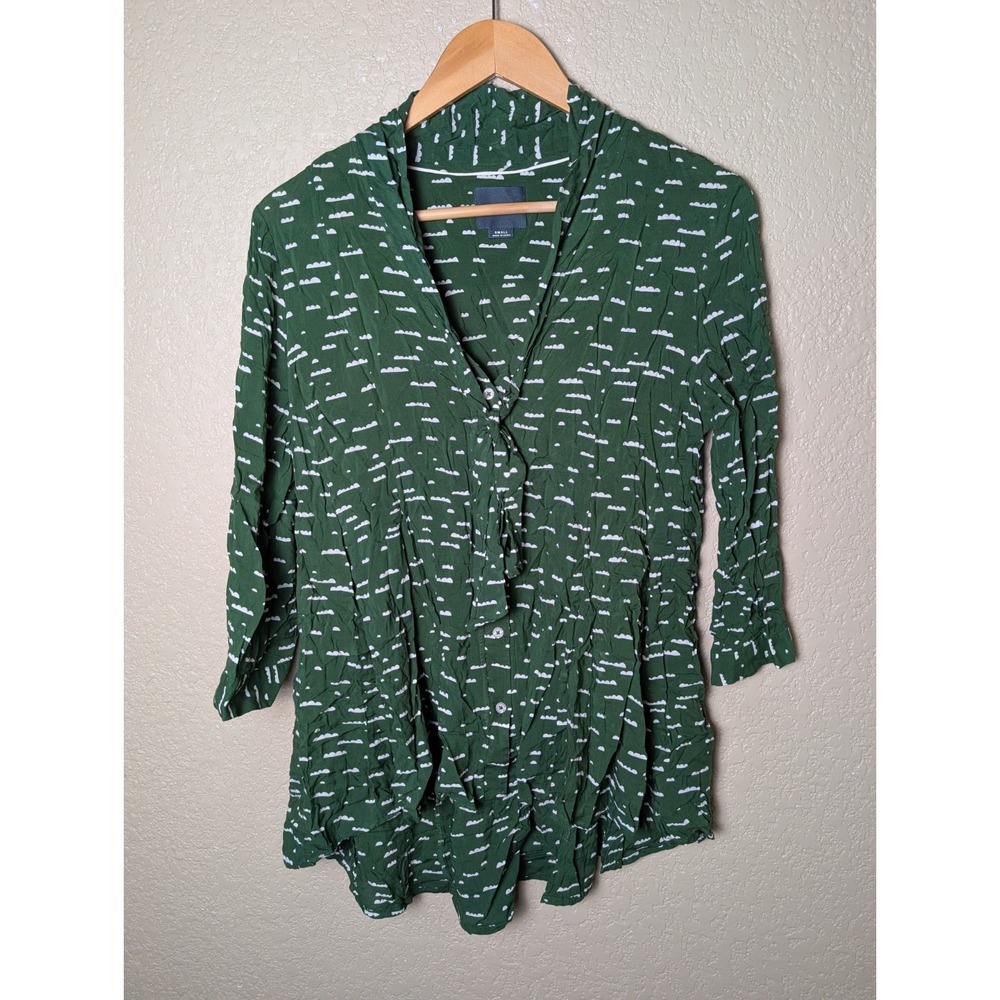 Anthropologie Maeve Green White Cloud Print Shirt Small Preppy Boho Goblin Core